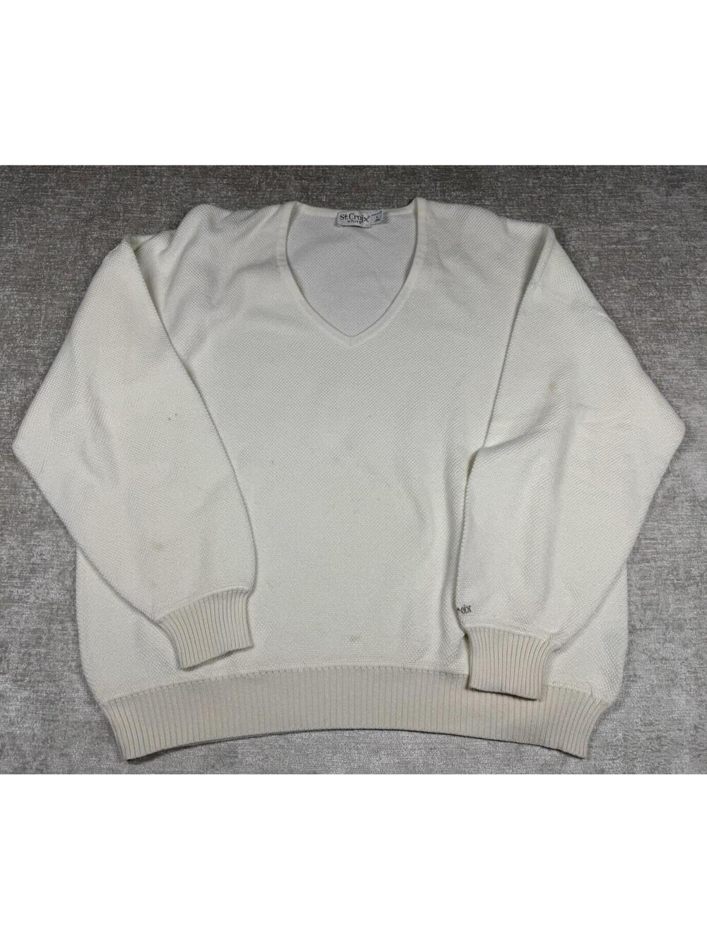 VTG‎ St. Croix Knit V-Neck Sweater Men's L Cream/Ivory, USA Made, Golf